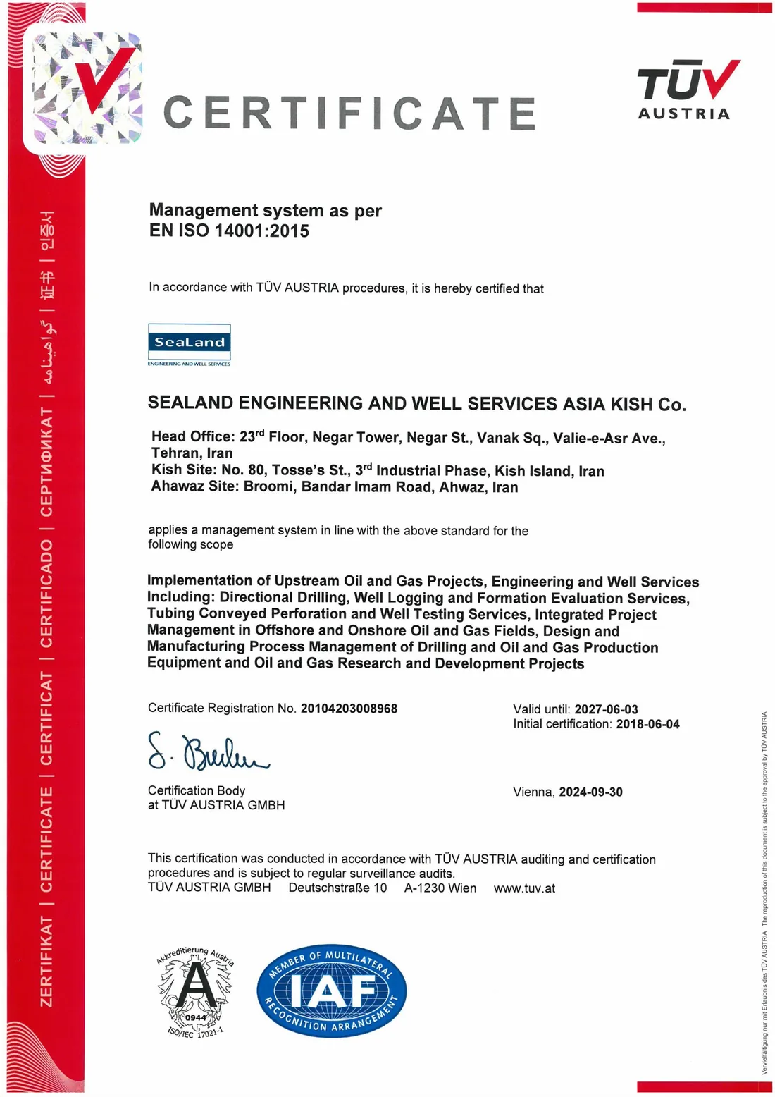 ISO 14001 certificate — Environmental Management System