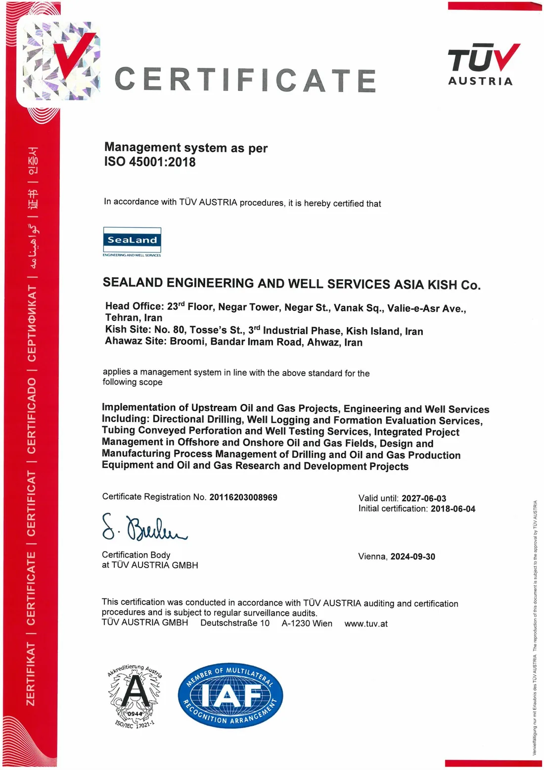 ISO 45001 certificate — Occupational Health and Safety Management System